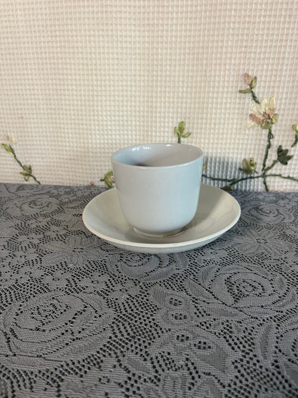 Antique White Ironstone Handleless Cup and Saucer Tea Bowl Farmhouse Stoneware
